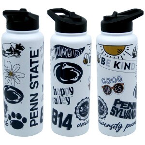 white water bottle with assorted Penn State graphics, flip straw lid